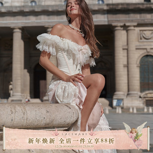 上衣半裙套装 LaceMade 重工纯欲风蕾丝鱼骨两穿短袖 法式 朝露花冠