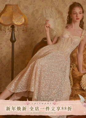 LaceMade 玻璃糖纸 法式千金风重工蕾丝吊带鱼骨连衣裙轻礼服裙