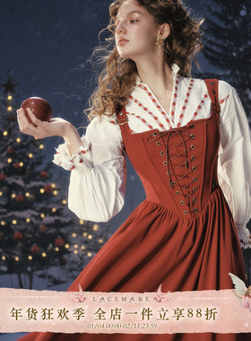 LaceMade 红箭客 法式复古显瘦通勤长款红色吊带连衣裙套装圣诞裙