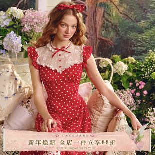 甜美学院波点蕾丝红色连衣裙长短款 法式 夏女 妮妮童话屋 LaceMade