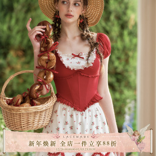 上衣波点半裙套装 LaceMade 减龄学院小个子红色短袖 法式 女 小西瓜