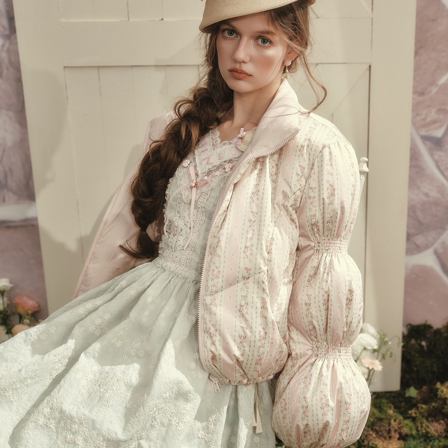 LaceMade 冬日花田 法式设计感粉色短款面包羽绒服两穿保暖外套冬