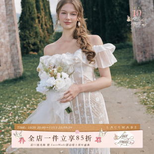 LaceMade 朝夕玉露 法式复古设计感一字肩婚礼晚会鱼骨礼服连衣裙