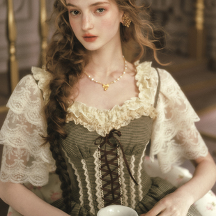 LaceMade 小熊有约 法式田园千鸟格咖色吊带裙长款连衣裙小个子女