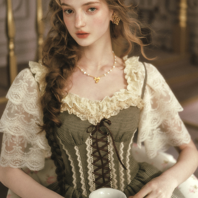 LaceMade 小熊有约 法式田园千鸟格咖色吊带裙长款连衣裙小个子女