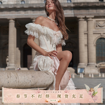 LaceMade 朝露花冠 法式重工纯欲风蕾丝鱼骨两穿短袖上衣半裙套装