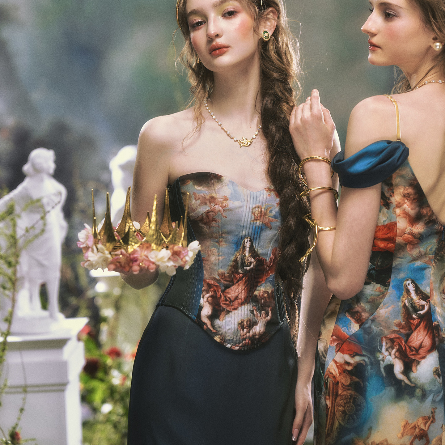 LaceMade 翡冷翠 法式油画感印花鱼骨胸衣绿色抹胸上衣半裙套装夏