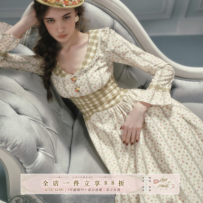 LaceMade 温莎花园 法式田园风棉质清新通勤碎花长袖绿色连衣裙女