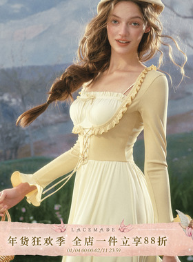 LaceMade 俏黄油 法式甜美设计感撞色假两件长袖连衣裙早春通勤女