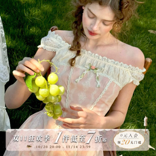 甜美田园风一字肩短款 法式 连衣裙小个子通勤夏 蜜糖腮红 LaceMade