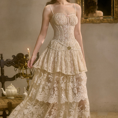 LaceMade 月光圆舞曲 法式甜美重工蕾丝吊带连衣裙半裙套装三穿夏