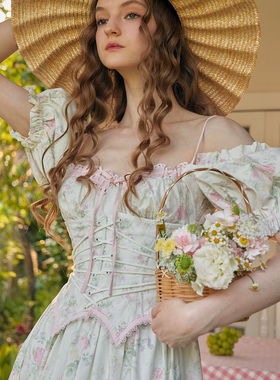 LaceMade 花诗集 定制印花系列 复古田园腰封假两件鱼骨连衣裙