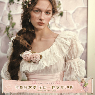 LaceMade 王后衬裙 法式古典仙女风公主裙玫瑰奶油绉纱长袖连衣裙