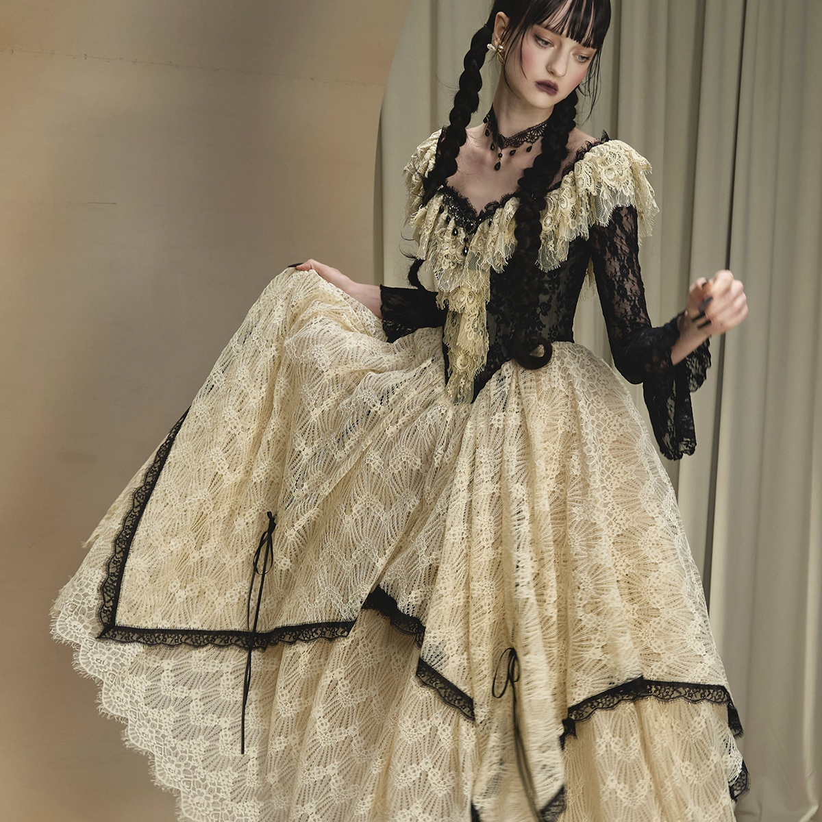 LaceMade 星期三 限时返场法式复古重工收藏款鱼骨收腰连衣裙礼服