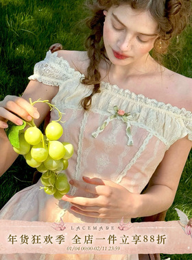 LaceMade 蜜糖腮红 法式甜美田园风一字肩短款连衣裙小个子通勤夏