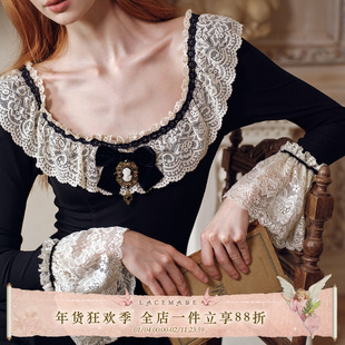 LaceMade 庞贝的琴音 法式田园黑色针织打底连衣裙秋长袖通勤显瘦