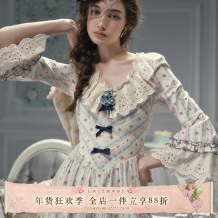 LaceMade 早安凡尔赛 法式田园风条纹印花棉质长裙v领显瘦连衣裙