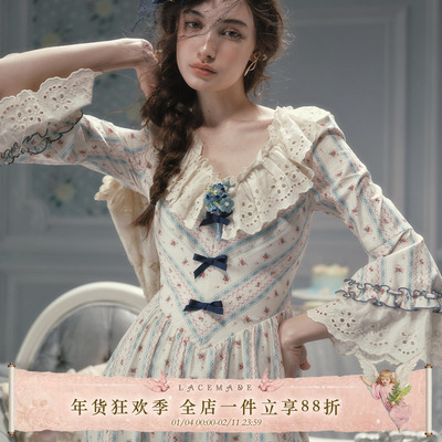 LaceMade 早安凡尔赛 法式田园风条纹印花棉质长裙v领显瘦连衣裙