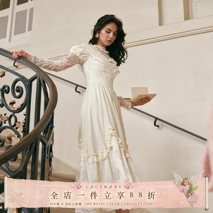 LaceMade 郁金香的告白 法式宫廷风重工假两件蕾丝纯白连衣裙女秋