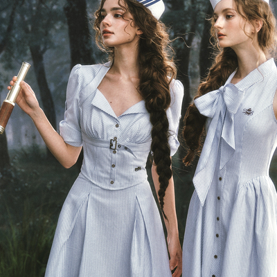 LaceMade 航海恋人(猎装版) 法式设计感老钱风蓝条纹衬衫半裙套装