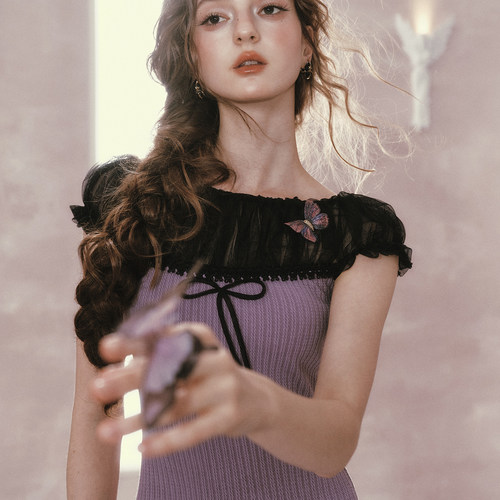 LaceMade 安娜苏的故事 法式甜美俏皮针织包臀连衣裙紫色短款春夏