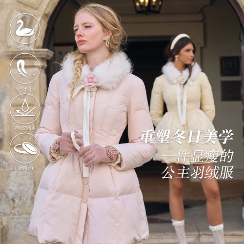 LaceMade 粉雪玫瑰 法式复古甜美贵气千金风可拆脱毛领收腰羽绒服