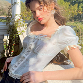 复古甜美baby蓝设计感蕾丝短袖 LaceMade 法式 风 上衣通勤夏 夏天