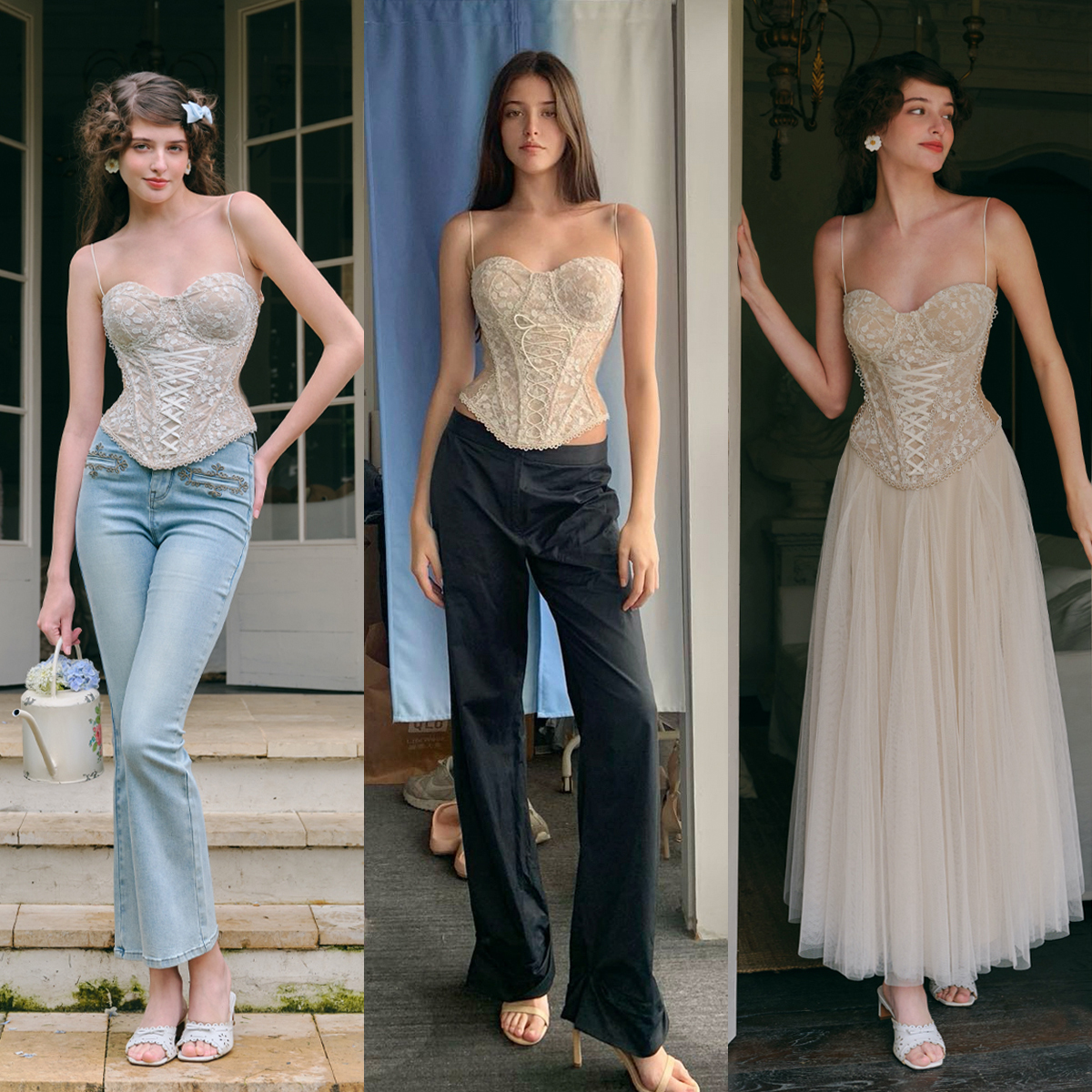 LaceMade 白月织梦 法式复古浪漫蕾丝网纱鱼骨胸衣半裙仙女裙套装