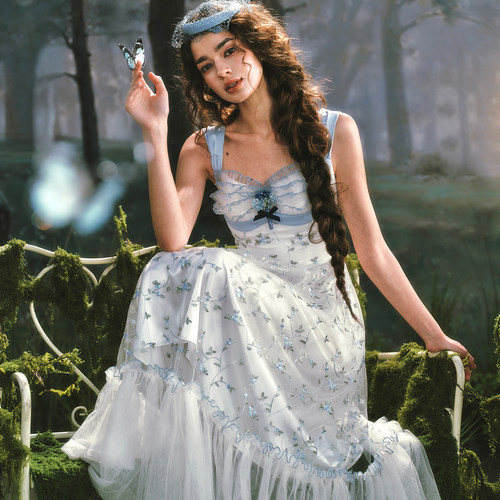 LaceMade 水晶花园 法式甜美清新公主裙蓝色刺绣连衣裙女长款春夏