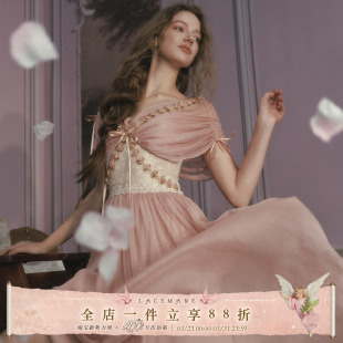 复古设计感长裙粉色仙女裙收腰连衣裙女 法式 LaceMade 玫瑰橄榄枝