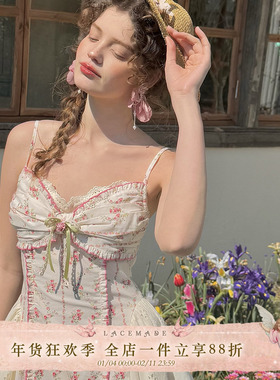 LaceMade 玫瑰绵绵冰 法式田园少女碎花鱼骨吊带连衣裙短款小个子