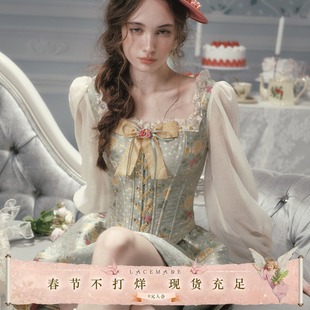 LaceMade 玛丽花园诗 独家面料法式复古鱼骨收腰长袖短款连衣裙冬