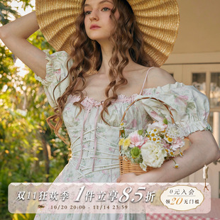 复古田园腰封假两件鱼骨连衣裙 定制印花系列 LaceMade 花诗集