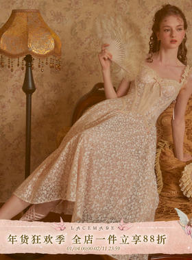 LaceMade 玻璃糖纸 法式千金风重工蕾丝吊带鱼骨连衣裙轻礼服裙