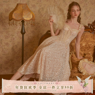 LaceMade 玻璃糖纸 法式千金风重工蕾丝吊带鱼骨连衣裙轻礼服裙