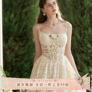 千金小白裙重工吊带长款 法式 鱼骨连衣裙夏女 茉莉捕梦网 LaceMade