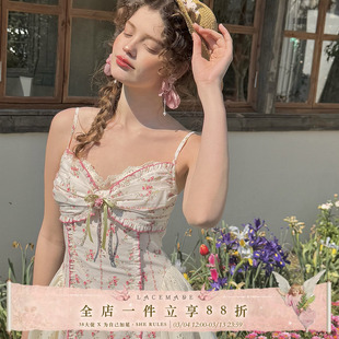 LaceMade 玫瑰绵绵冰 法式田园少女碎花鱼骨吊带连衣裙短款小个子