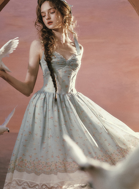 LaceMade 林间诗篇 法式田园绿色碎花甜美吊带连衣裙小个子长裙女