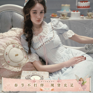 LaceMade 爱丽舍公主 法式田园风棉质甜美收腰显瘦鱼骨蓝色连衣裙