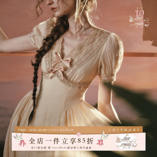 LaceMade 落日玫瑰 法式复古维多利亚风设计感v领纯色收腰连衣裙