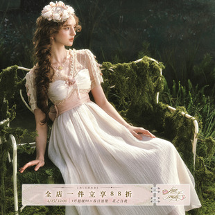 LaceMade 相思遥 法式帝政风肌理感v领帝政裙米色高腰连衣裙春夏