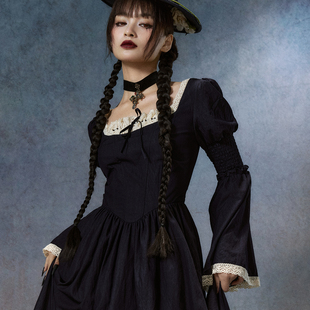 LaceMade 深蓝华尔兹 法式宫廷风万圣节蕾丝大裙摆两穿鱼骨连衣裙