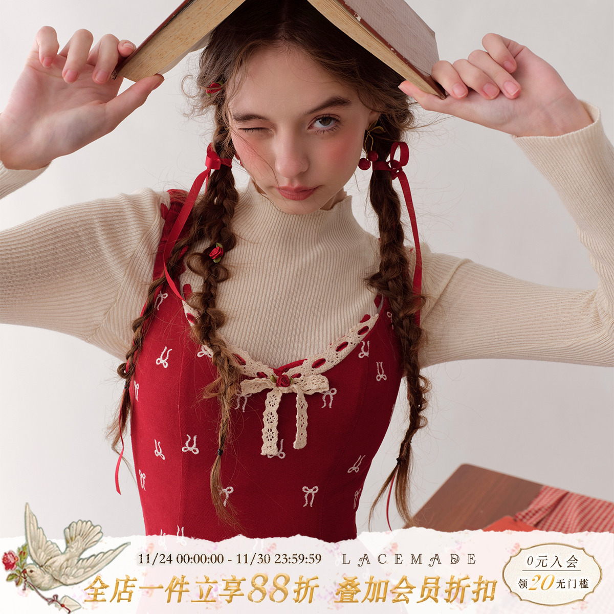LaceMade 莓莓报社 法式少女俏皮蝴蝶结红色收腰连衣裙节日氛围感