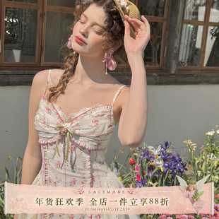 LaceMade 玫瑰绵绵冰 法式田园少女碎花鱼骨吊带连衣裙短款小个子