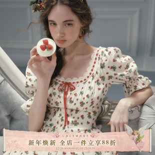 田园风棉质少女收腰显瘦中袖 法式 碎花连衣裙女 草莓乐园 LaceMade