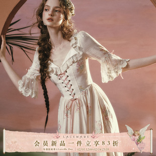 LaceMade 棕榈花园 法式田园风设计感翻领粉色碎花显瘦中袖连衣裙