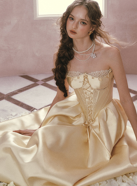 LaceMade 贝儿鎏金 法式设计感公主系列缎面抹胸蕾丝鱼骨连衣裙女