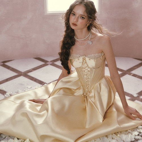 LaceMade 贝儿鎏金 法式设计感公主系列缎面抹胸蕾丝鱼骨连衣裙女