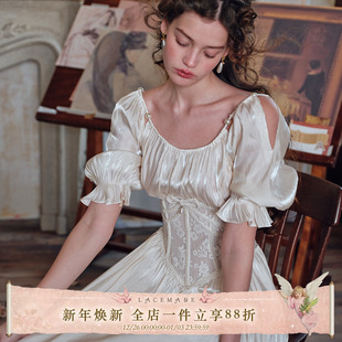 宫廷风蕾丝拼接鱼骨连衣裙白色通勤日常夏 法式 LaceMade 破茧成蝶