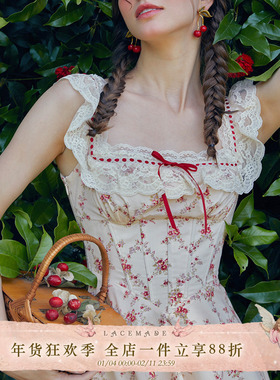 LaceMade 红石榴 法式棉田园蕾丝印花衣连衣裙通勤鱼骨裙方领女夏